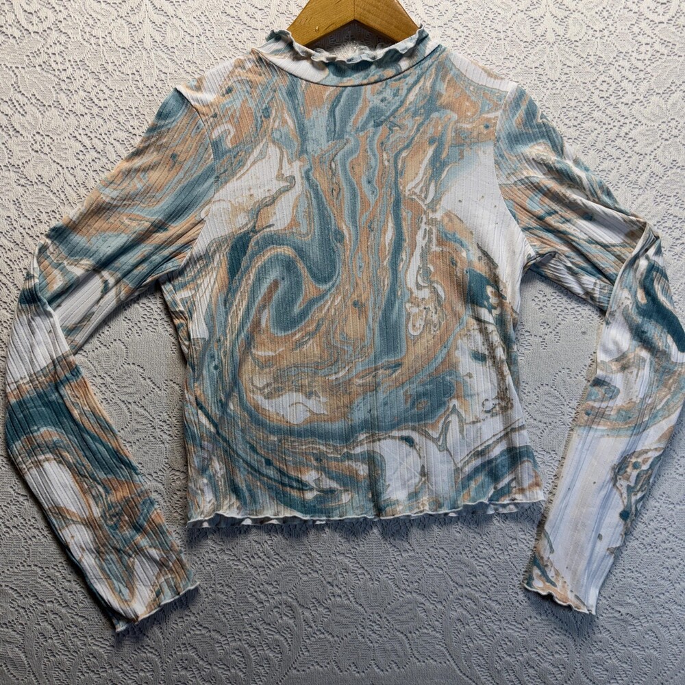 Moa Moa Shirt Womens Large Multicolor Marble Print Mock Neck Ruffle Hem